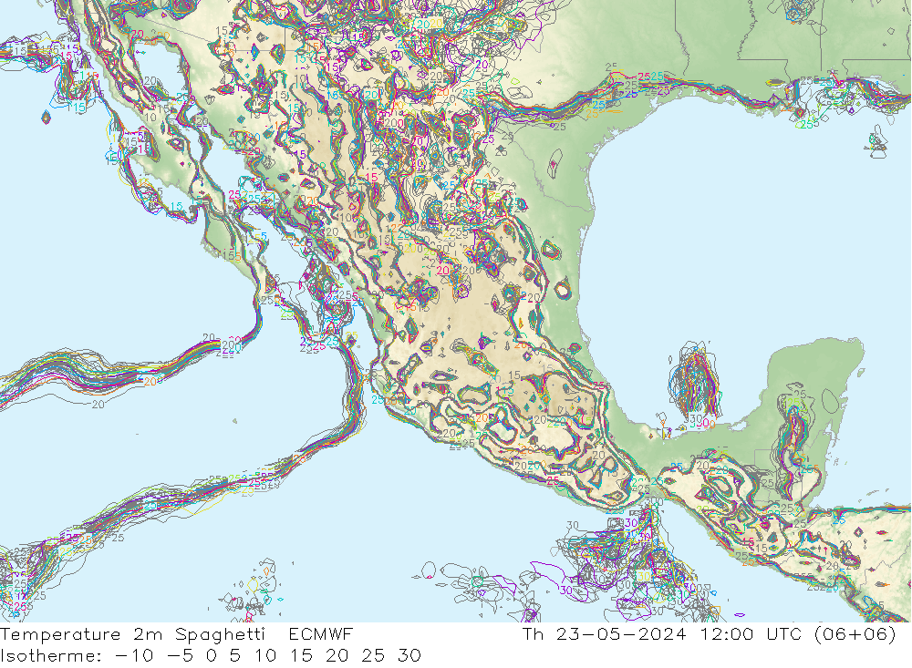 Temperature 2m Spaghetti ECMWF Th 23.05.2024 12 UTC