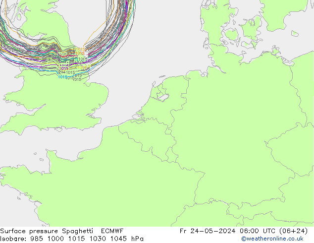 Presión superficial Spaghetti ECMWF vie 24.05.2024 06 UTC