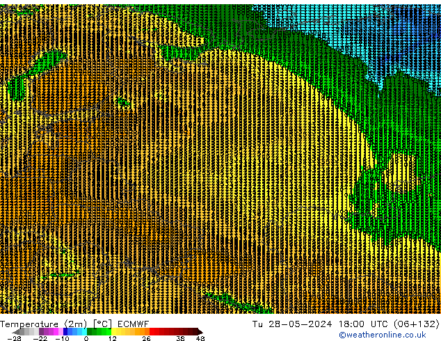 mapa temperatury (2m) ECMWF wto. 28.05.2024 18 UTC