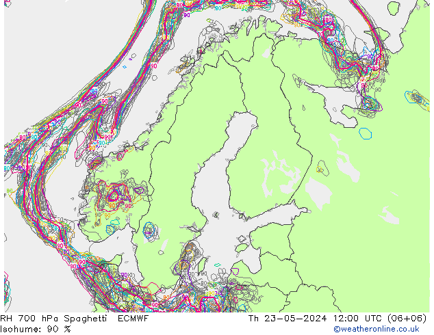 RH 700 гПа Spaghetti ECMWF чт 23.05.2024 12 UTC
