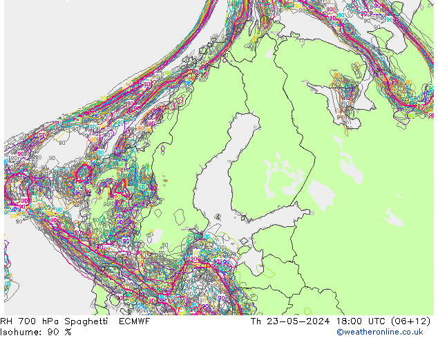 RH 700 hPa Spaghetti ECMWF Do 23.05.2024 18 UTC