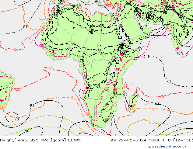 Height/Temp. 925 hPa ECMWF mer 29.05.2024 18 UTC