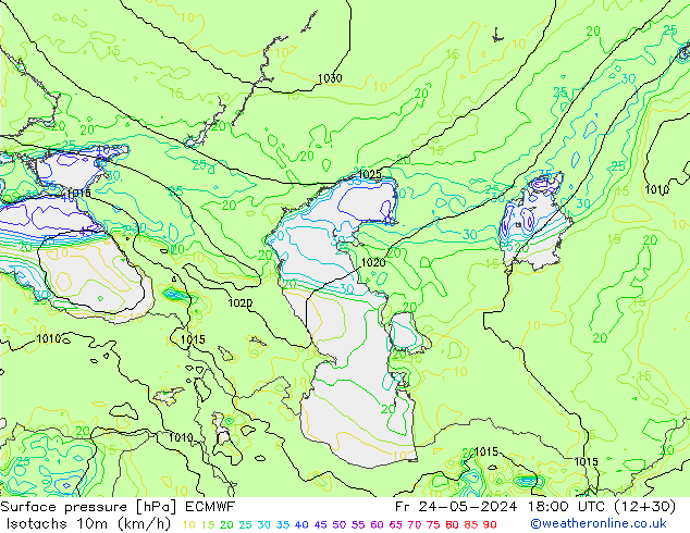 Isotachs (kph) ECMWF Sex 24.05.2024 18 UTC