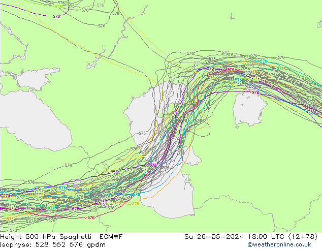 Height 500 hPa Spaghetti ECMWF Su 26.05.2024 18 UTC