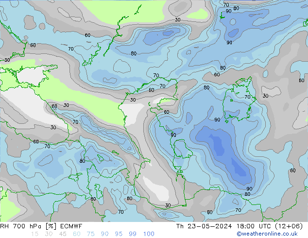 Humidité rel. 700 hPa ECMWF jeu 23.05.2024 18 UTC