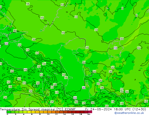 température 2m Spread ECMWF ven 24.05.2024 18 UTC