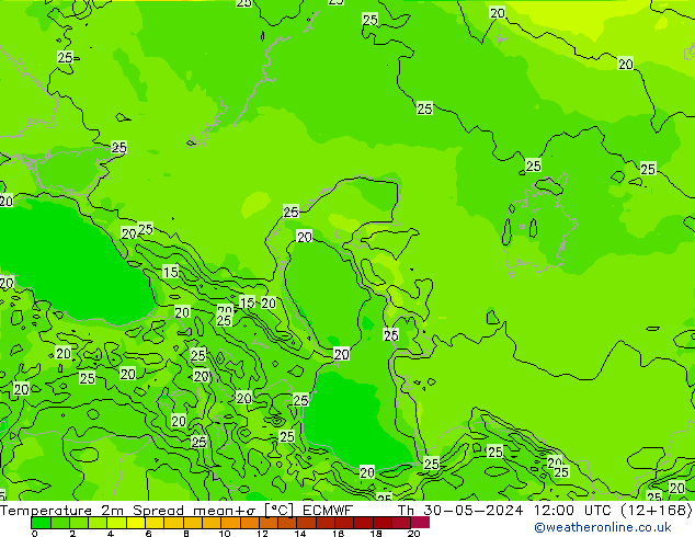 Temperatuurkaart Spread ECMWF do 30.05.2024 12 UTC