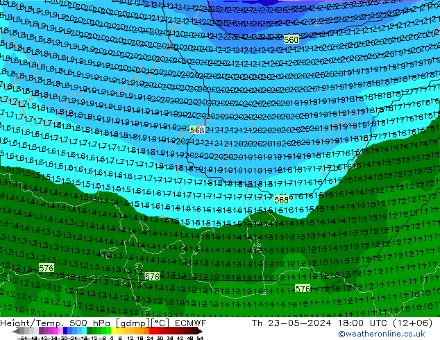 Height/Temp. 500 hPa ECMWF czw. 23.05.2024 18 UTC