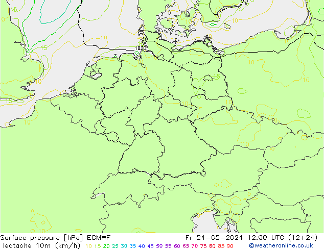 Isotachs (kph) ECMWF Fr 24.05.2024 12 UTC