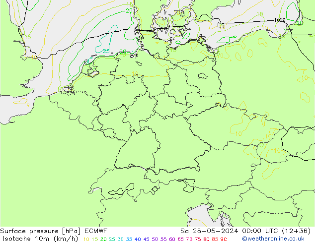 Isotachs (kph) ECMWF Sa 25.05.2024 00 UTC