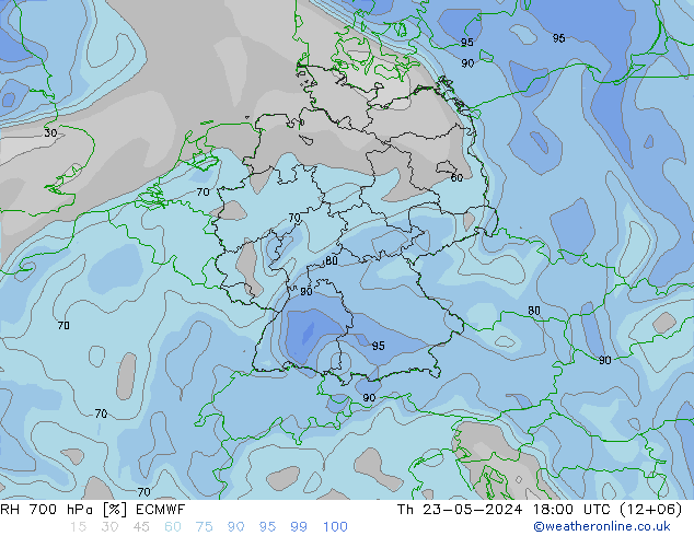 RH 700 hPa ECMWF Th 23.05.2024 18 UTC