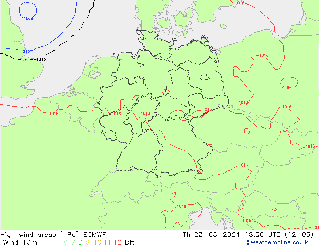 High wind areas ECMWF 星期四 23.05.2024 18 UTC