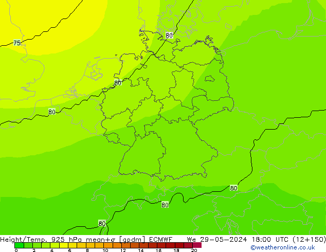 Height/Temp. 925 hPa ECMWF Mi 29.05.2024 18 UTC