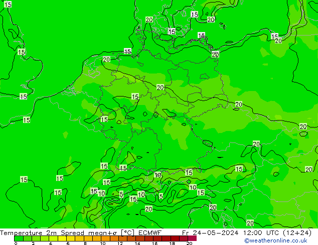 Temperature 2m Spread ECMWF Fr 24.05.2024 12 UTC