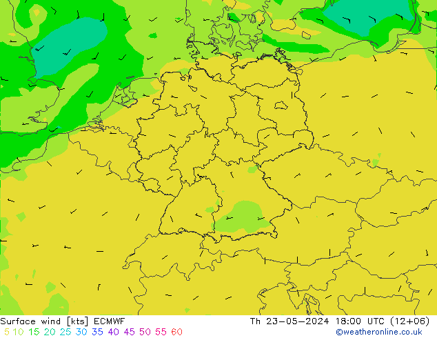 Surface wind ECMWF Čt 23.05.2024 18 UTC