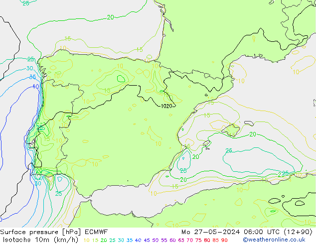 Isotachs (kph) ECMWF Seg 27.05.2024 06 UTC