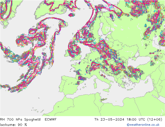 RH 700 hPa Spaghetti ECMWF 星期四 23.05.2024 18 UTC