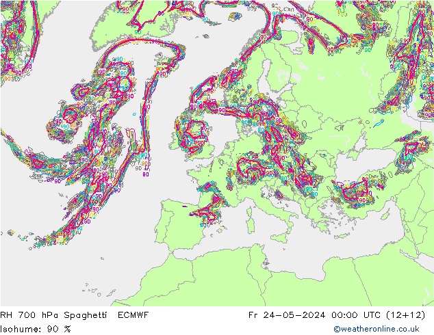 RH 700 hPa Spaghetti ECMWF Fr 24.05.2024 00 UTC