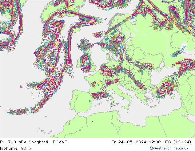 RH 700 hPa Spaghetti ECMWF Sex 24.05.2024 12 UTC