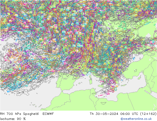 RH 700 hPa Spaghetti ECMWF Čt 30.05.2024 06 UTC