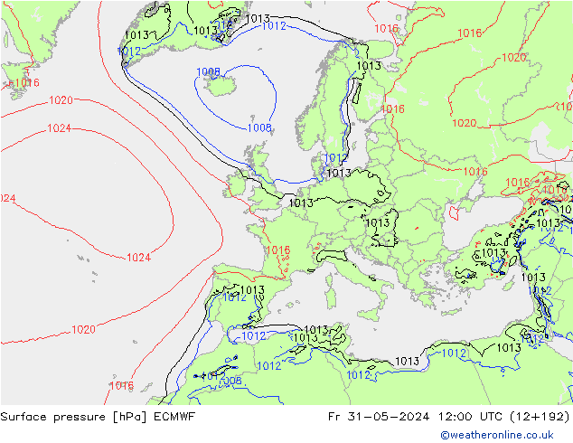 Presión superficial ECMWF vie 31.05.2024 12 UTC