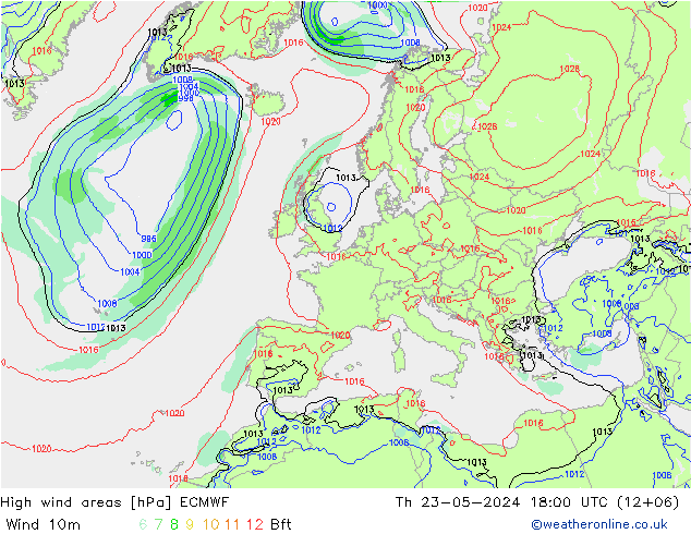 High wind areas ECMWF 星期四 23.05.2024 18 UTC