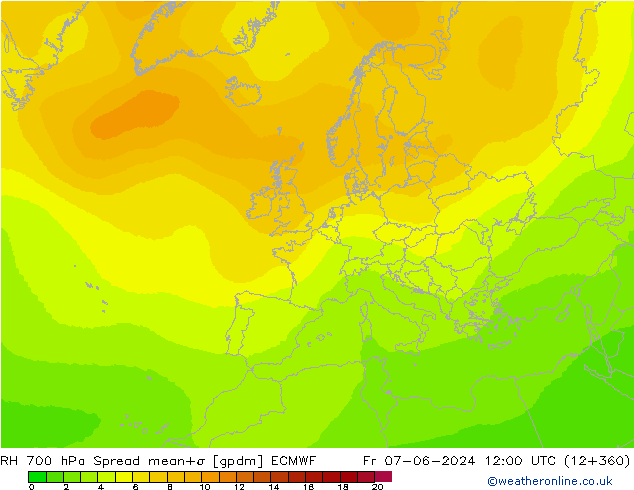 RH 700 hPa Spread ECMWF ven 07.06.2024 12 UTC