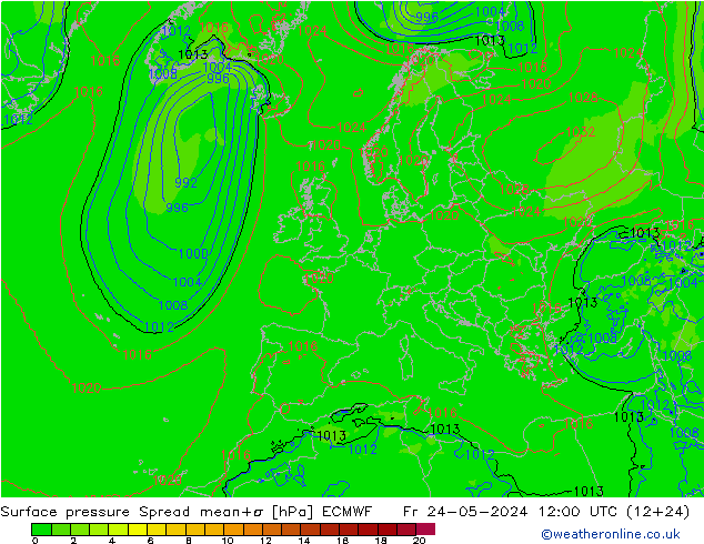 Presión superficial Spread ECMWF vie 24.05.2024 12 UTC