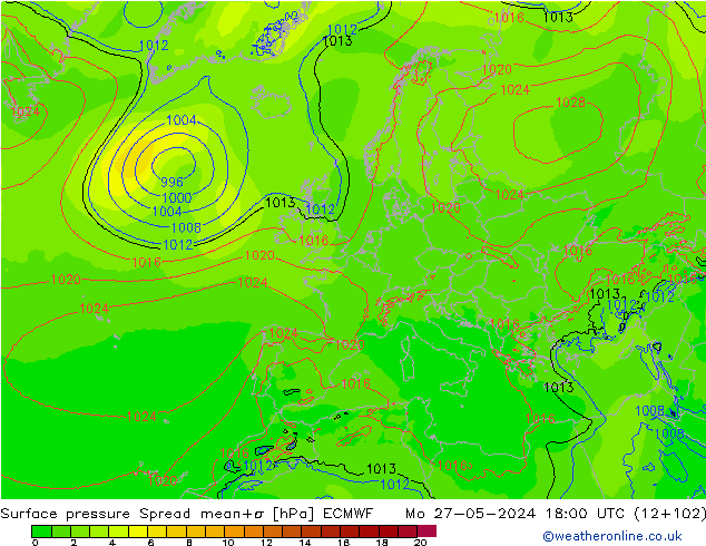 Surface pressure Spread ECMWF Mo 27.05.2024 18 UTC