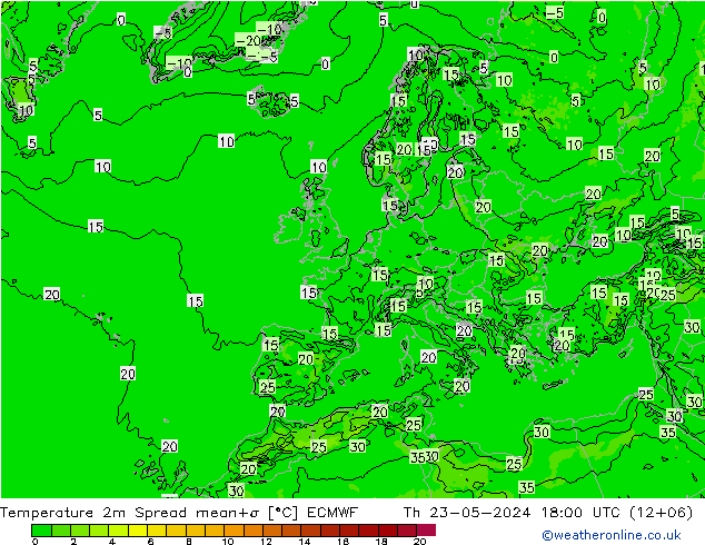 温度图 Spread ECMWF 星期四 23.05.2024 18 UTC