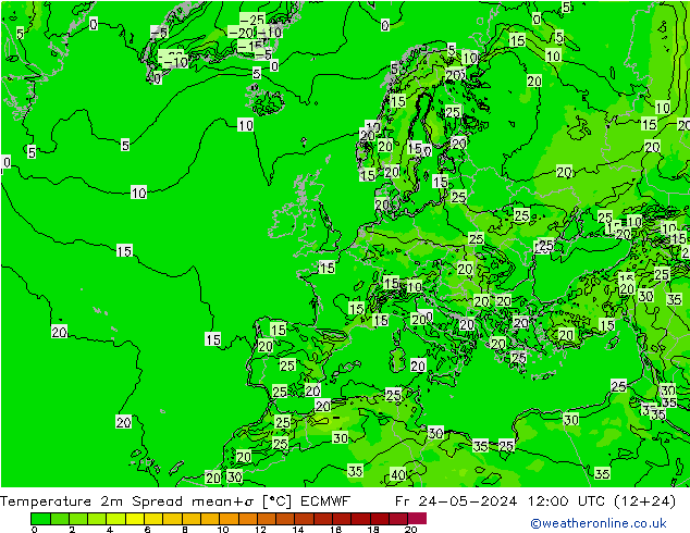 Temperatura 2m Spread ECMWF vie 24.05.2024 12 UTC