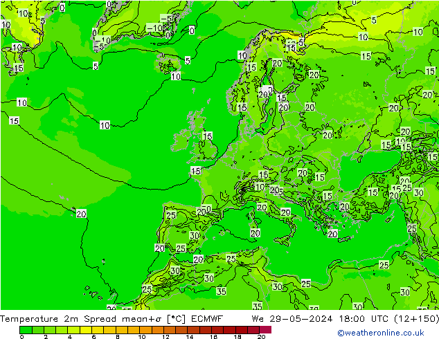 Sıcaklık Haritası 2m Spread ECMWF Çar 29.05.2024 18 UTC