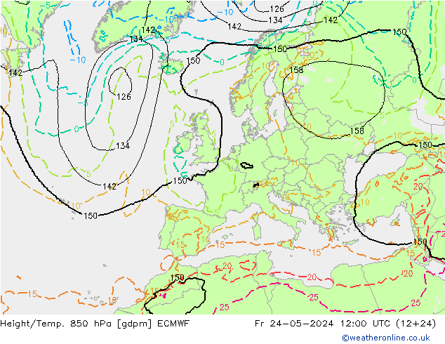 Geop./Temp. 850 hPa ECMWF vie 24.05.2024 12 UTC