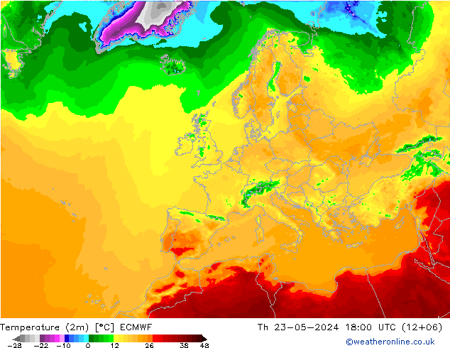Temperatura (2m) ECMWF Qui 23.05.2024 18 UTC