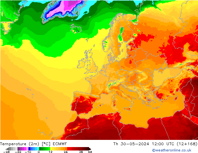 Temperatura (2m) ECMWF gio 30.05.2024 12 UTC