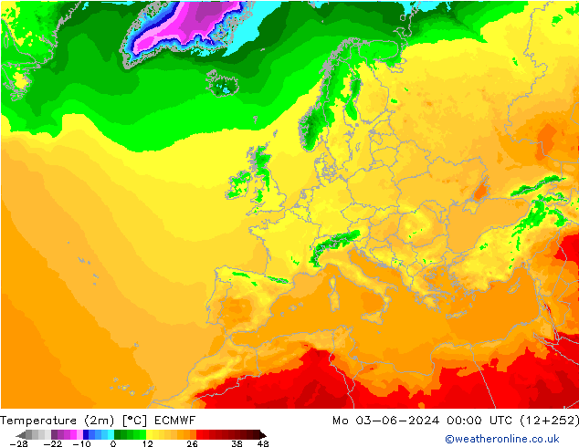 Temperature (2m) ECMWF Po 03.06.2024 00 UTC