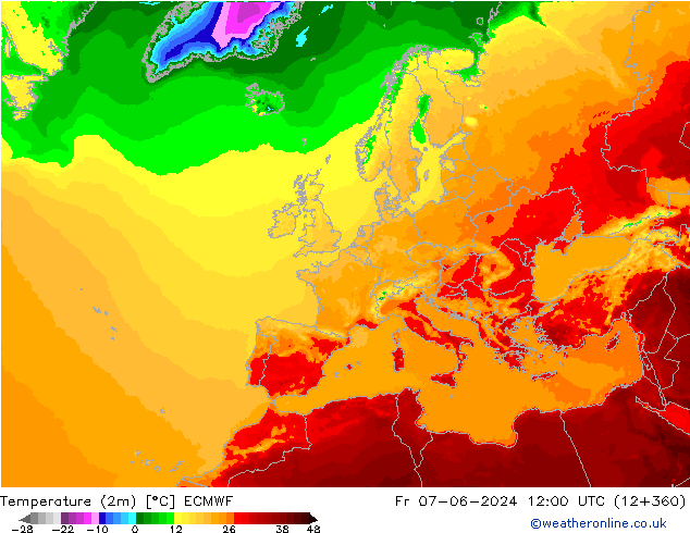 mapa temperatury (2m) ECMWF pt. 07.06.2024 12 UTC