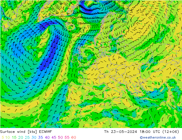 Viento 10 m ECMWF jue 23.05.2024 18 UTC