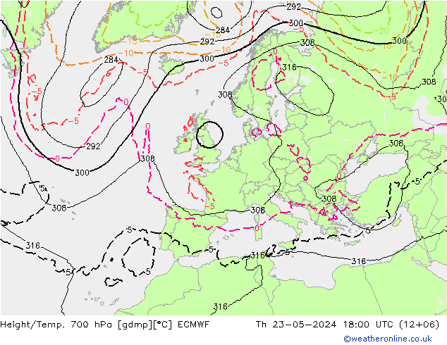 Height/Temp. 700 гПа ECMWF чт 23.05.2024 18 UTC