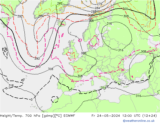 Height/Temp. 700 hPa ECMWF Fr 24.05.2024 12 UTC