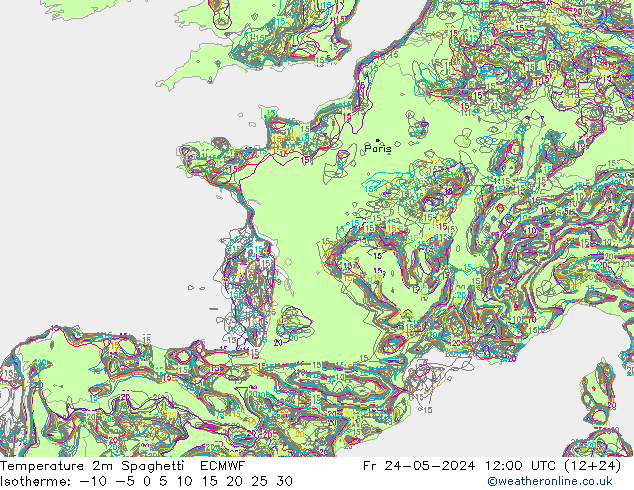 Temperatura 2m Spaghetti ECMWF ven 24.05.2024 12 UTC