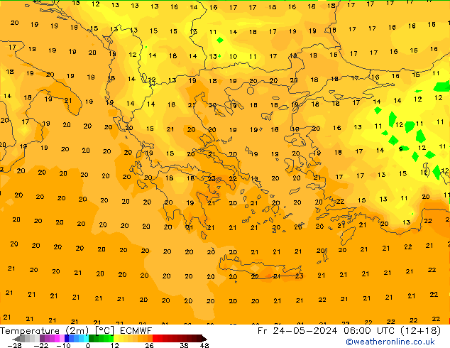 Temperaturkarte (2m) ECMWF Fr 24.05.2024 06 UTC