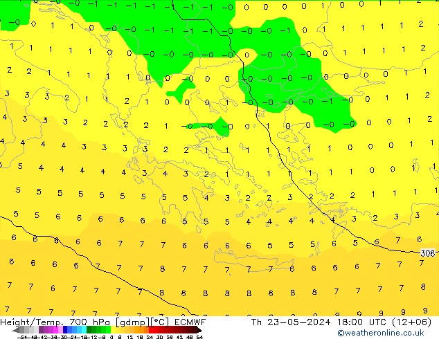 Height/Temp. 700 hPa ECMWF Th 23.05.2024 18 UTC