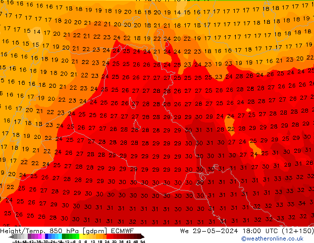 Height/Temp. 850 hPa ECMWF We 29.05.2024 18 UTC