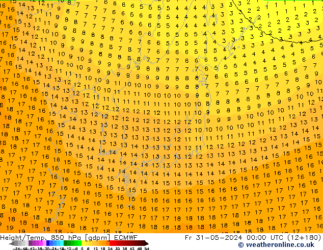 Hoogte/Temp. 850 hPa ECMWF vr 31.05.2024 00 UTC