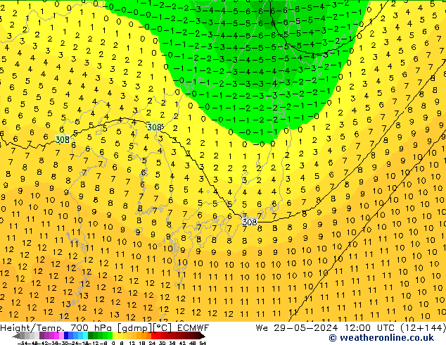 Height/Temp. 700 hPa ECMWF śro. 29.05.2024 12 UTC