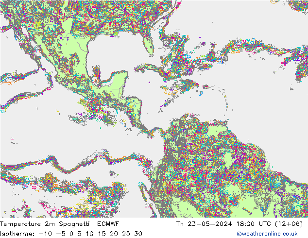 Temperatura 2m Spaghetti ECMWF Qui 23.05.2024 18 UTC