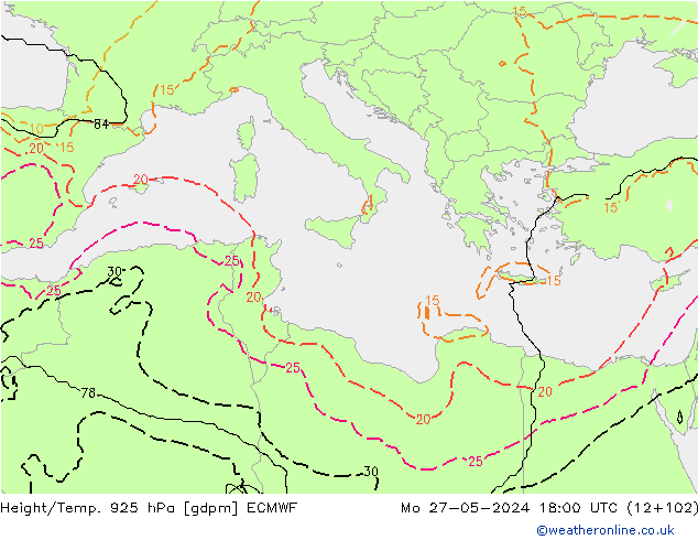 Yükseklik/Sıc. 925 hPa ECMWF Pzt 27.05.2024 18 UTC