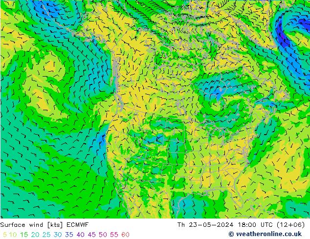 Viento 10 m ECMWF jue 23.05.2024 18 UTC