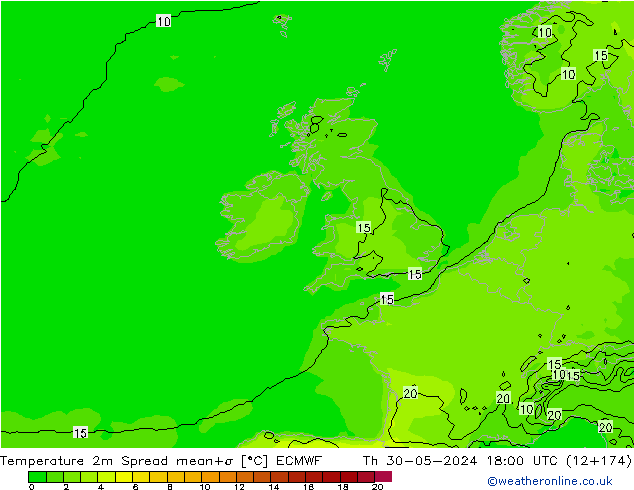 Temperatuurkaart Spread ECMWF do 30.05.2024 18 UTC